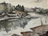 a watercolor painting of a river with boats on it
