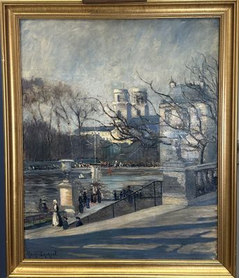 tableau représentant une vue de ville avec des passants marchant sur le trottoir