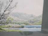 a picture of a painting of a river and mountains
