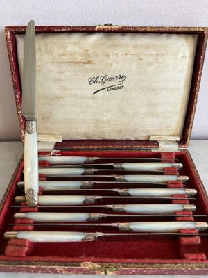 six couteaux dans un étui sur lequel est représenté un couteau