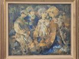 une peinture à l'huile représentant un groupe de personnes assises par terre