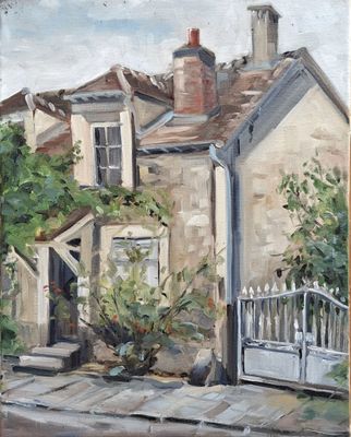 an oil painting of a house with a gate in front of it