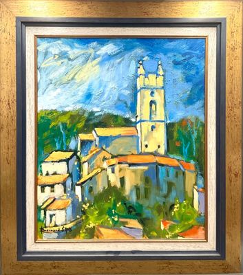a painting of a painting of a church in a village