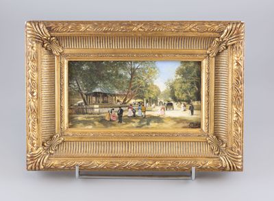 un tableau représentant un groupe de personnes dans un parc par une journée ensoleillée