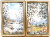 tableau représentant deux peintures d'une rivière et d'arbres, dans un cadre doré