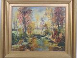 an oil painting of a river with trees in the background