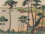 une aquarelle représentant des arbres près d'un plan d'eau