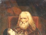 painting of a man in armor sitting in a chair with a sword