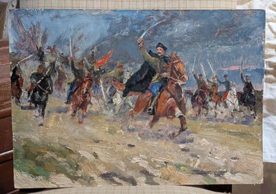 a painting of a painting of a man on a horse