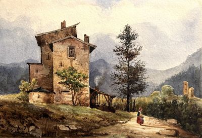 un tableau représentant une femme marchant sur un chemin de terre devant une maison
