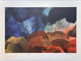 an image of a painting of a mountain range with clouds in the sky