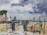une peinture à l'huile représentant un groupe de personnes sur une plage
