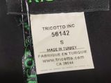 a close up of a black shirt with a green logo on it