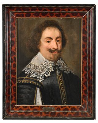 un tableau représentant un homme moustachu vêtu d'une tenue noire et blanche