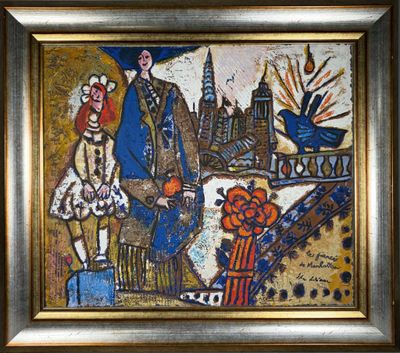tableau représentant un homme et une femme devant un paysage urbain