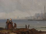 painting of a group of people standing on a beach near a body of water