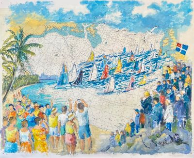 un tableau représentant une foule de personnes sur la plage
