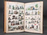 an open book with pictures of people and animals on it