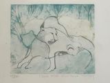 drawing of a woman and a cat in a field with trees
