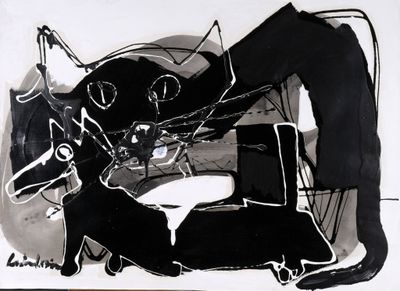 un dessin en noir et blanc représentant un homme et un chien