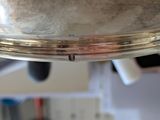 a close up of a silver plate with a bug on it
