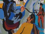 un tableau représentant un homme à cheval aux côtés d'une femme