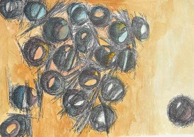 a drawing of a bunch of grapes on a table