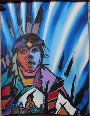 a painting of a native man with a feather on his head