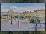 a painting of people walking in a city square