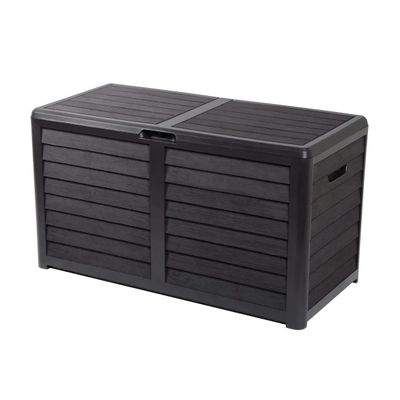 a black plastic storage box on a white background