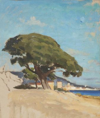 an image of a painting of a tree on a beach