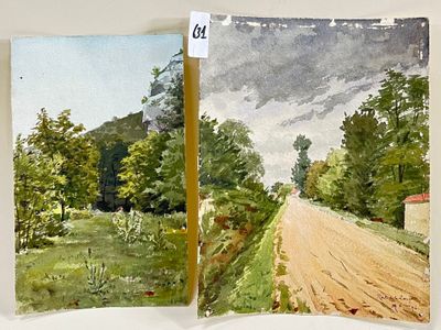 Deux aquarelles dont une "Vue de la route de la Loeuf".