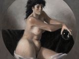 une peinture à l'huile représentant une femme nue tenant une bouteille, au sein d'un cercle