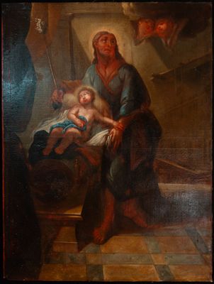 an oil painting of a woman holding a child in her lap