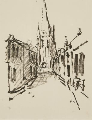 une image représentant un dessin du clocher d'une église dans une ville