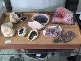 a display case with a variety of different kinds of rocks