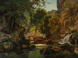 tableau représentant un ruisseau traversant une forêt parsemée de rochers et d'arbres