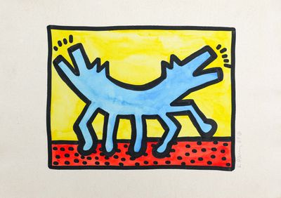 painting of a blue dog on a yellow background with polka dots