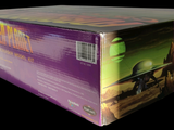 a purple box with a picture of a man riding a horse