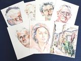 several portraits of older people are displayed on a blue surface