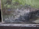 a painting of a cat sitting on a rock by the water