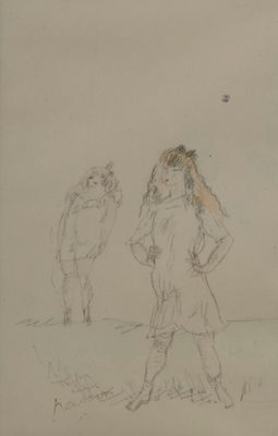 drawing of a woman standing in a field next to a sheep