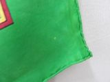 a close up of a green pillow with a picture on it