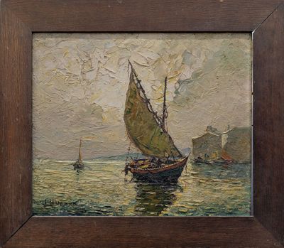an oil painting of a sailboat in a body of water with a castle in the background