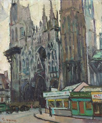 tableau représentant une grande cathédrale dans une ville, avec des passants marchant sur le trottoir
