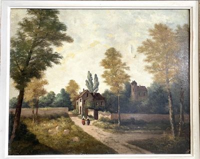 tableau représentant une scène de vie à la campagne, avec une calèche au premier plan