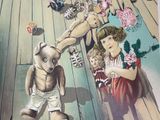 a picture of a painting of a child and a teddy bear
