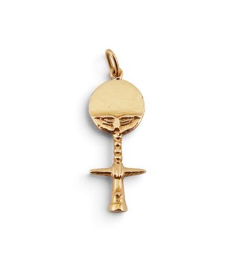 a gold plated pendant with a cross on it