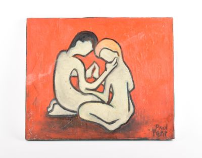 tableau représentant un homme et une femme assis sur une surface rouge