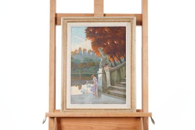 a painting on a easel with a painting of a woman and a dog